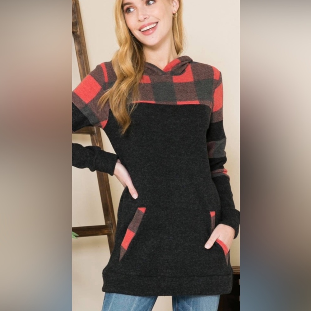 New Magic Fit Black and Red Plaid Women's Hoodie
